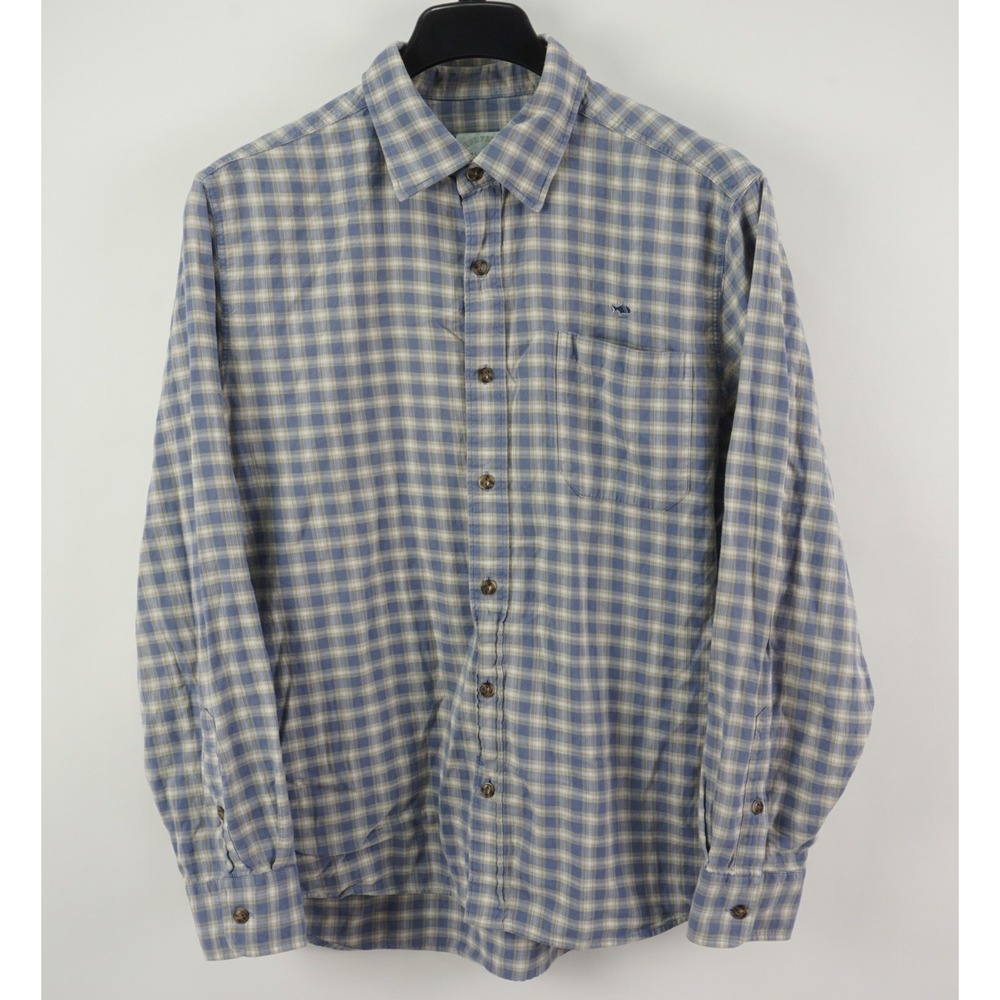 Fish Hippie Rumfront Mens Medium Blue Tan Plaid Lightweight Hemp Button Up Shirt